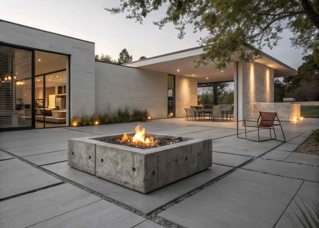 A square concrete block firepit with raw concrete texture and fire burning inside, set in a modern minimalist backyard with geometric design at dusk