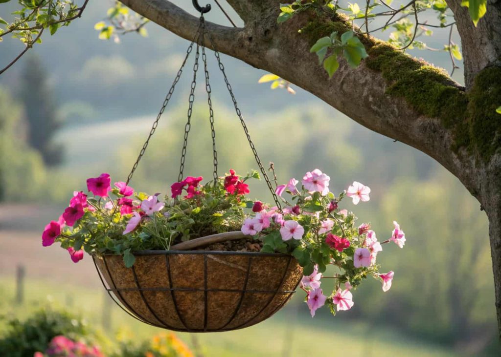 A hanging basket with a shallow bowl, decorated with flowers, suspended from a tree branch.
