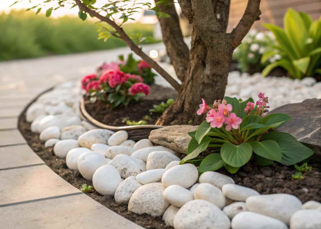 Close-up of a garden bed with smooth white river rocks placed around the base of a tree and flowering plants, neat and clean arrangement, green leaves in background, soft natural lighting, realistic photo