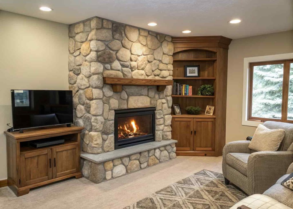River rock corner fireplace with stones wrapping two walls, a small built-in wooden shelf nearby, and a cozy armchair positioned beside the glowing fire