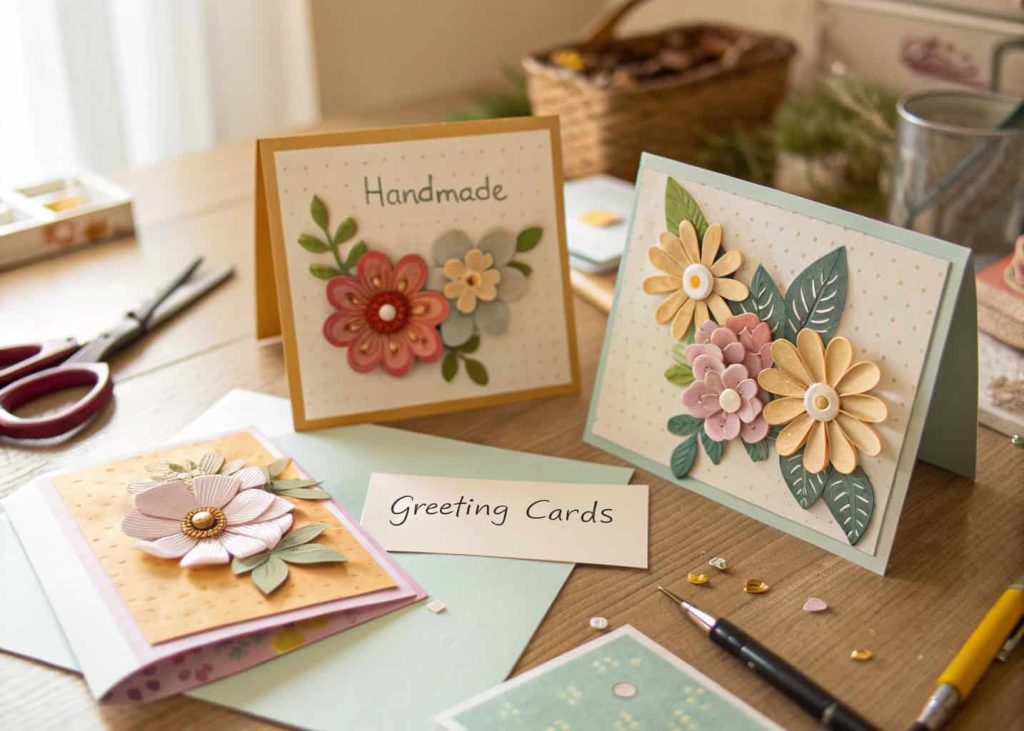 Handmade greeting cards with layered paper flowers and watercolor backgrounds on a crafting desk.