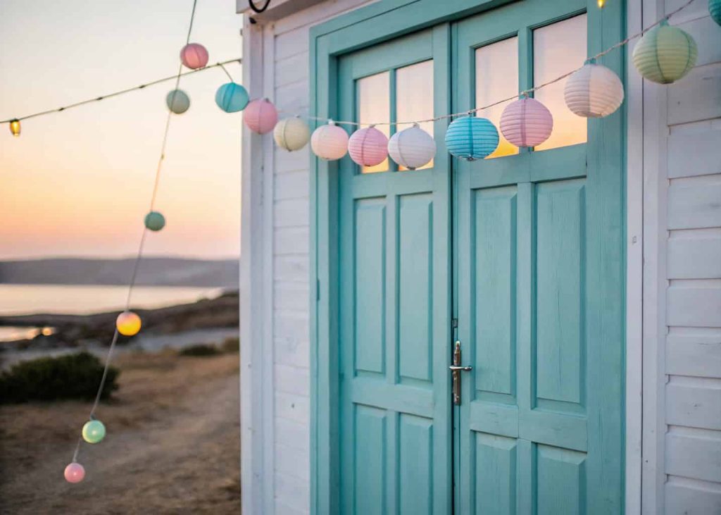 A string of small pastel lanterns around a light blue door, evening glow in the background.