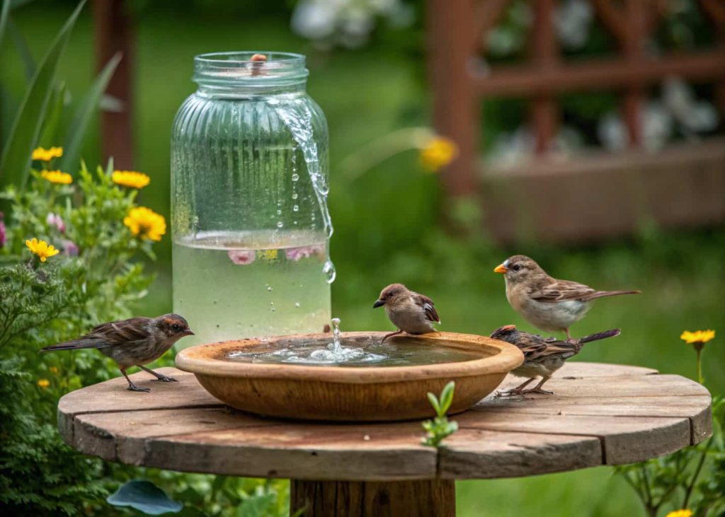 Mason jar bird bath dripping water into small dish with tiny garden birds”