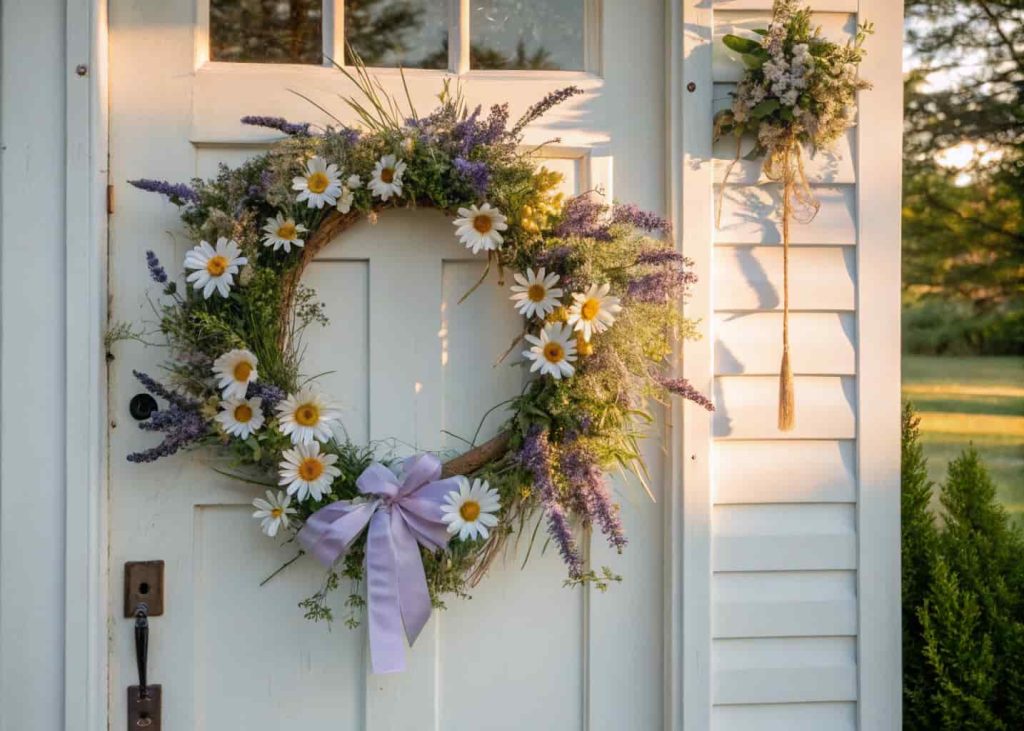 A beautiful handmade fresh wildflower Easter wreath with daisies lavender and chamomile on a white farmhouse front door, soft afternoon sunlight, pastel ribbon bow, realistic spring aesthetic