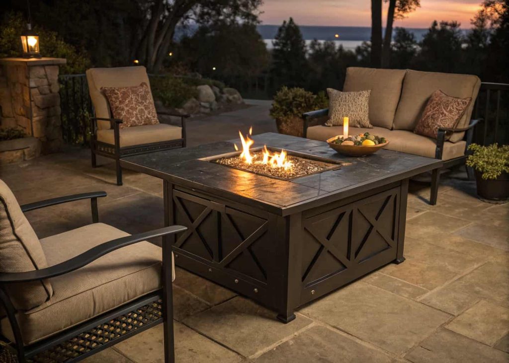 A repurposed matte black coffee table converted into a propane fire table with visible flames, surrounded by outdoor lounge chairs on a patio at night