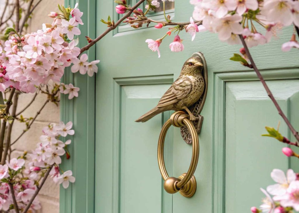 A gold bird-shaped door knocker on a soft green front door with spring blooms around.