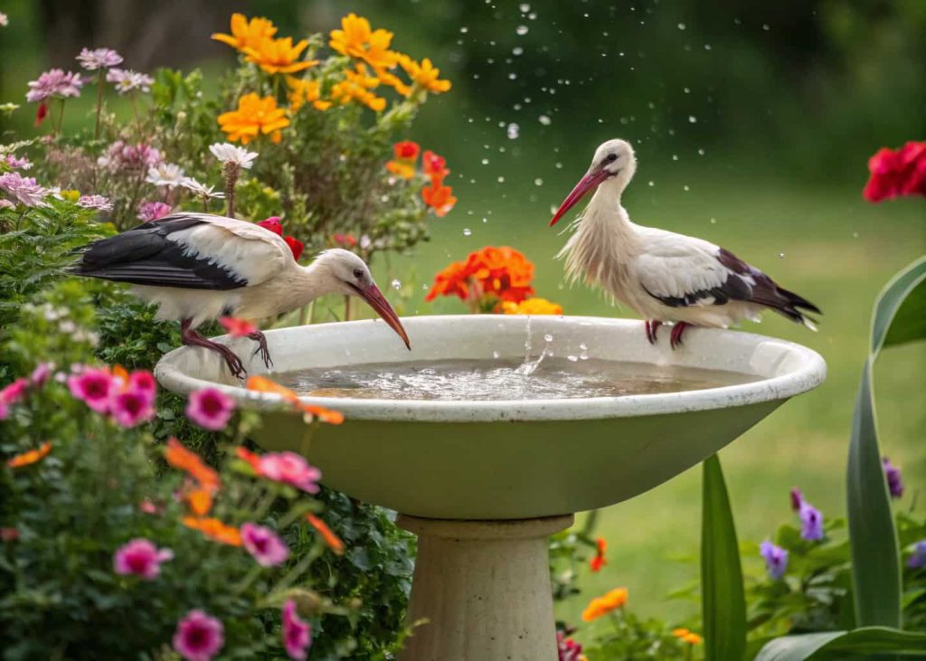 Repurposed sink bird bath in backyard with flowers and large birds enjoying water”