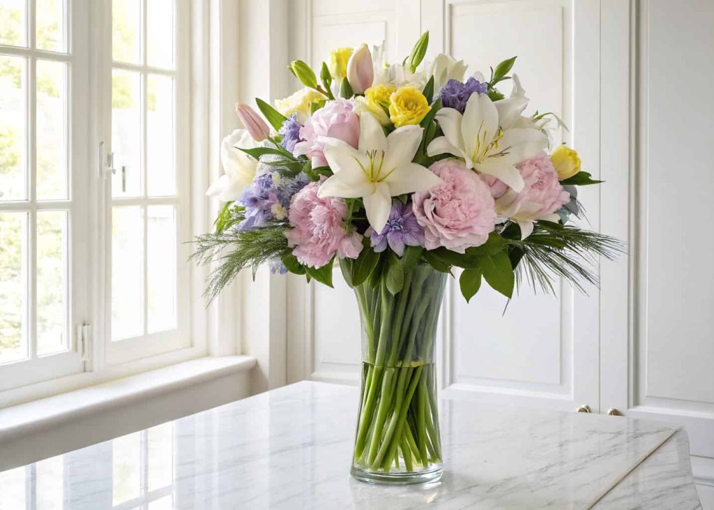 A tall clear glass vase with a lush mix of white lilies pale pink peonies purple irises and yellow freesia, placed on a marble surface, bright natural light, elegant minimalist photography