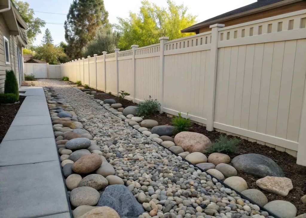 A side yard covered in a thick layer of smooth river rocks over landscape fabric, clean fence in background, no weeds visible, bright daylight, straight-on photo showing tidy rock coverage