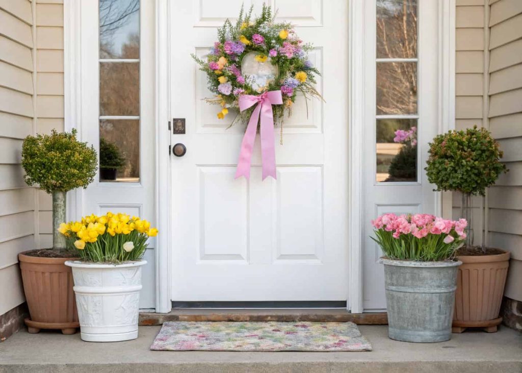 A white door with a floral wreath, pastel ribbon, potted flowers on either side, and a spring-themed doormat.