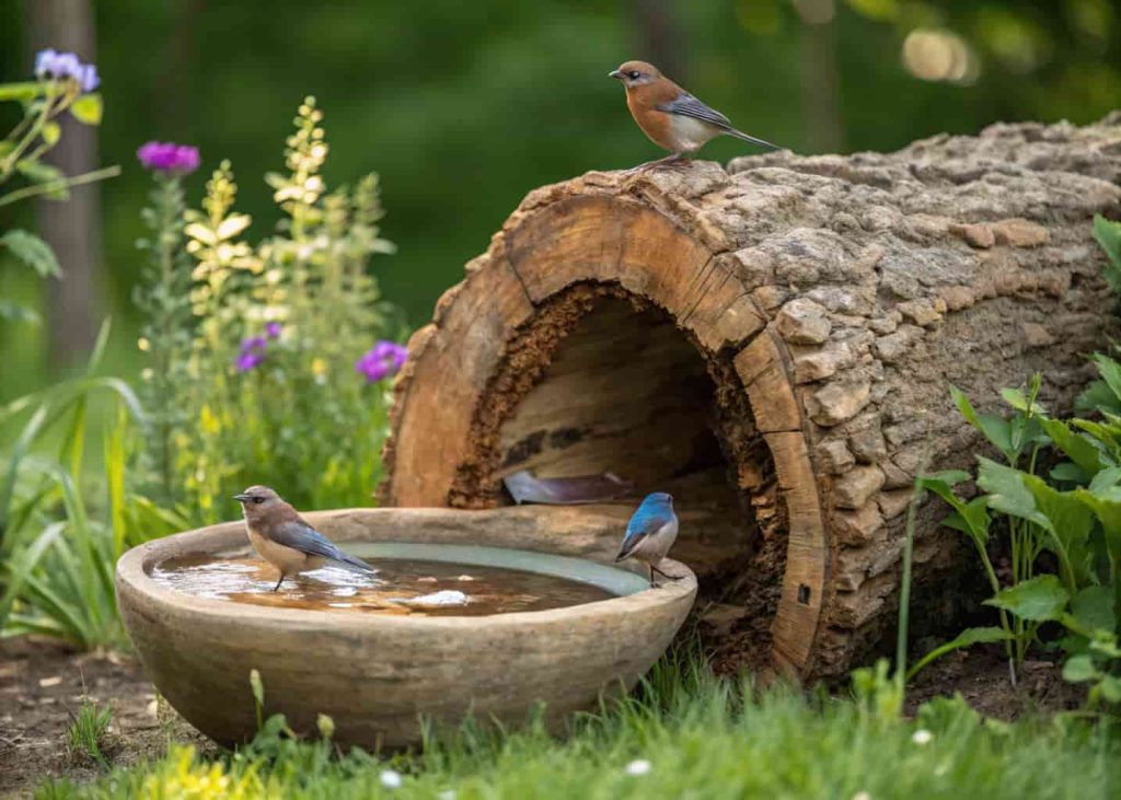 Hollow log with bowl bird bath in garden with birds drinking and bathing