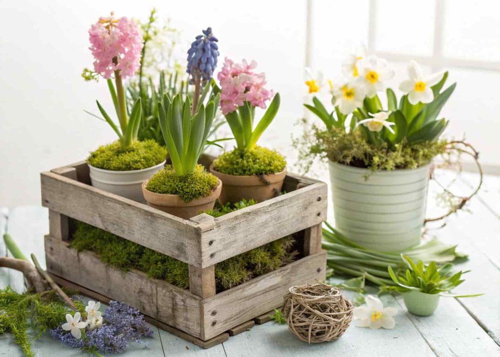 A rustic wooden crate filled with potted hyacinths primroses and grape hyacinths in pastel colors, green moss tucked around pots, white background, bright spring light, garden lifestyle photography