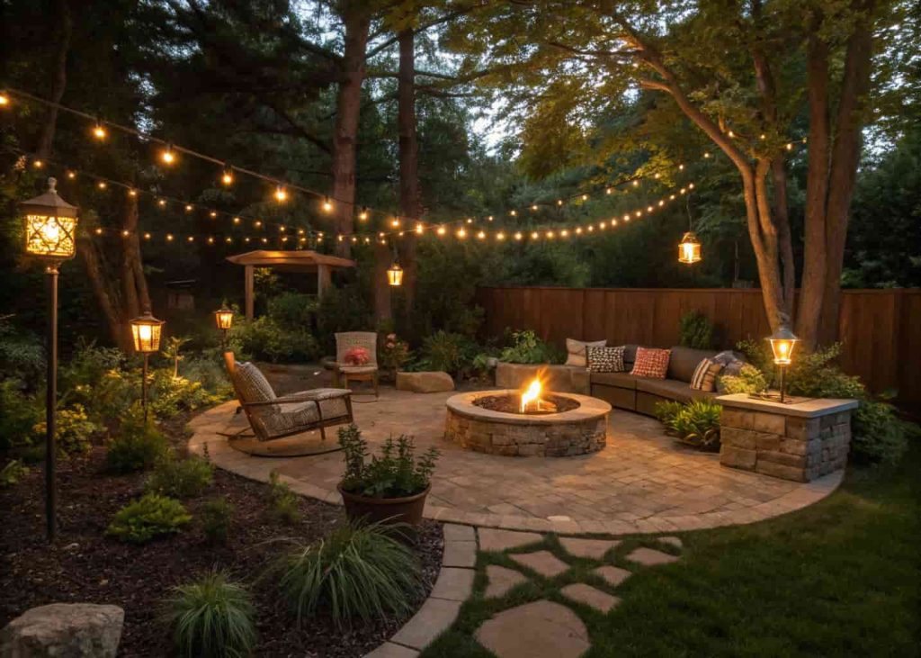 A budget backyard firepit area beautifully lit with overhead string lights, ground lanterns, potted plants, and river rock edging creating a magical warm evening atmosphere
