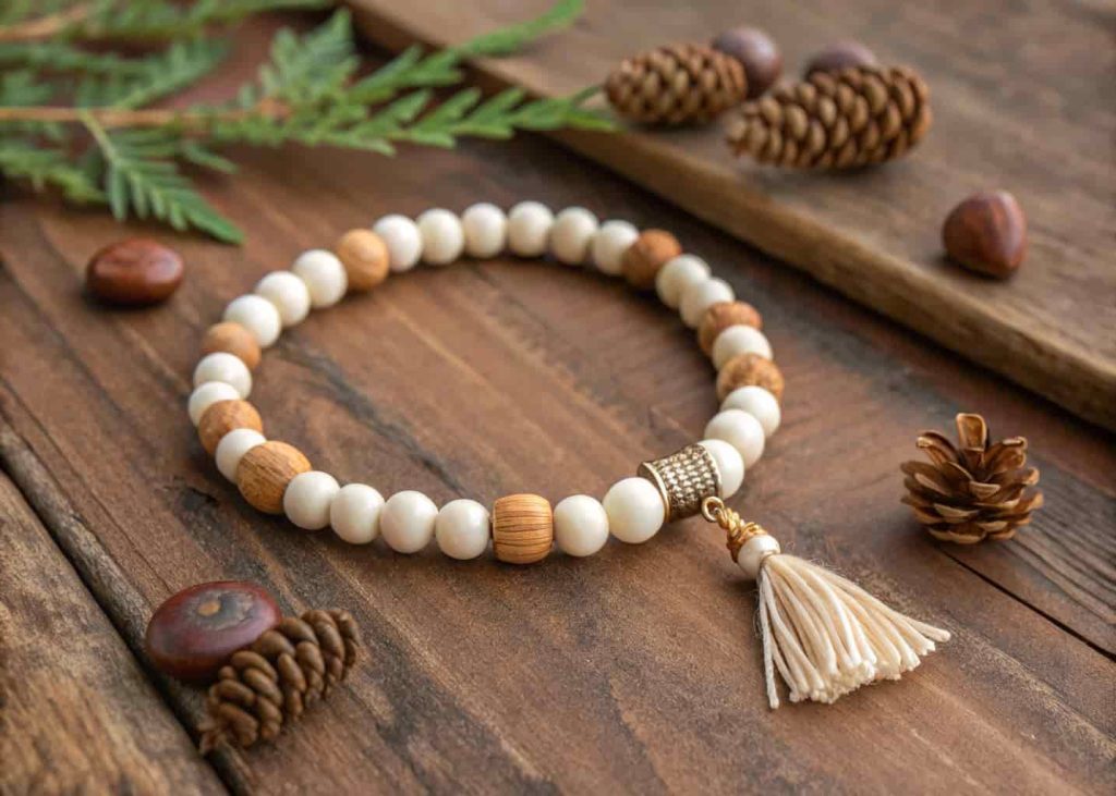  Boho wooden bead bracelet with white and natural tones and a tassel on a rustic table
