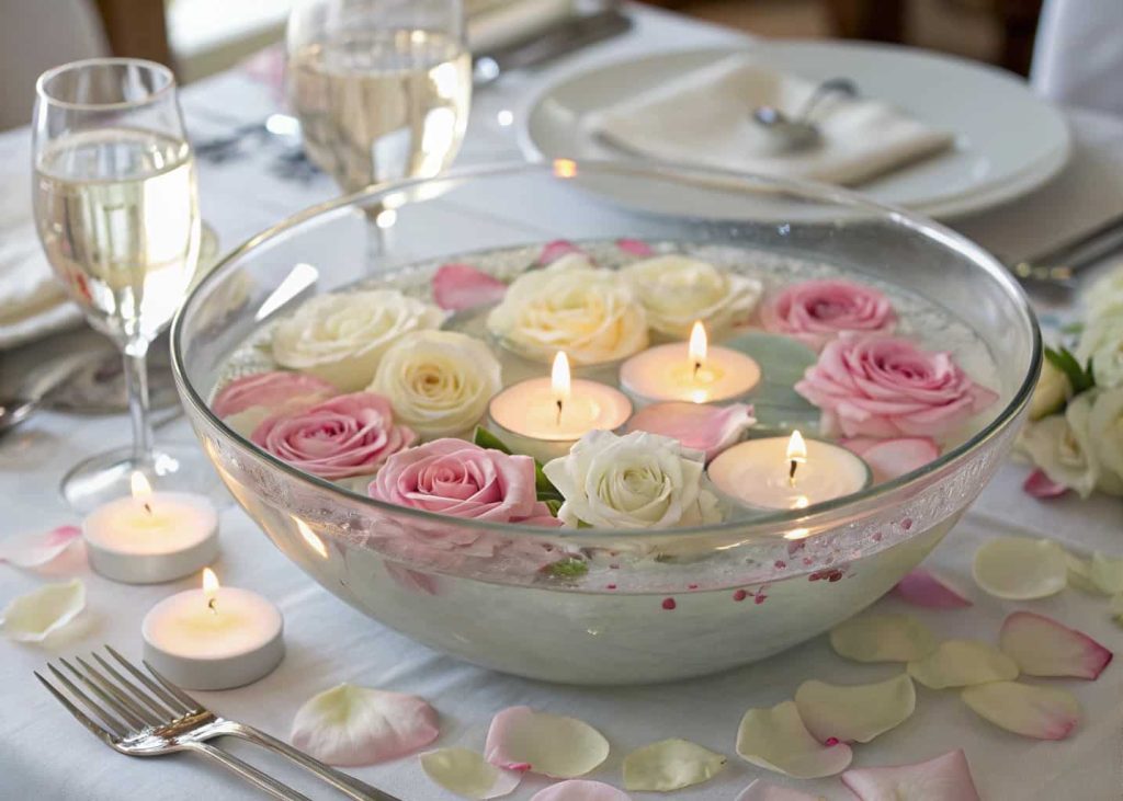  A wide shallow glass bowl with floating white gardenia and pink rose heads, floating tea light candles, scattered petals, soft candlelight glow, elegant dinner table setting, fine art photography