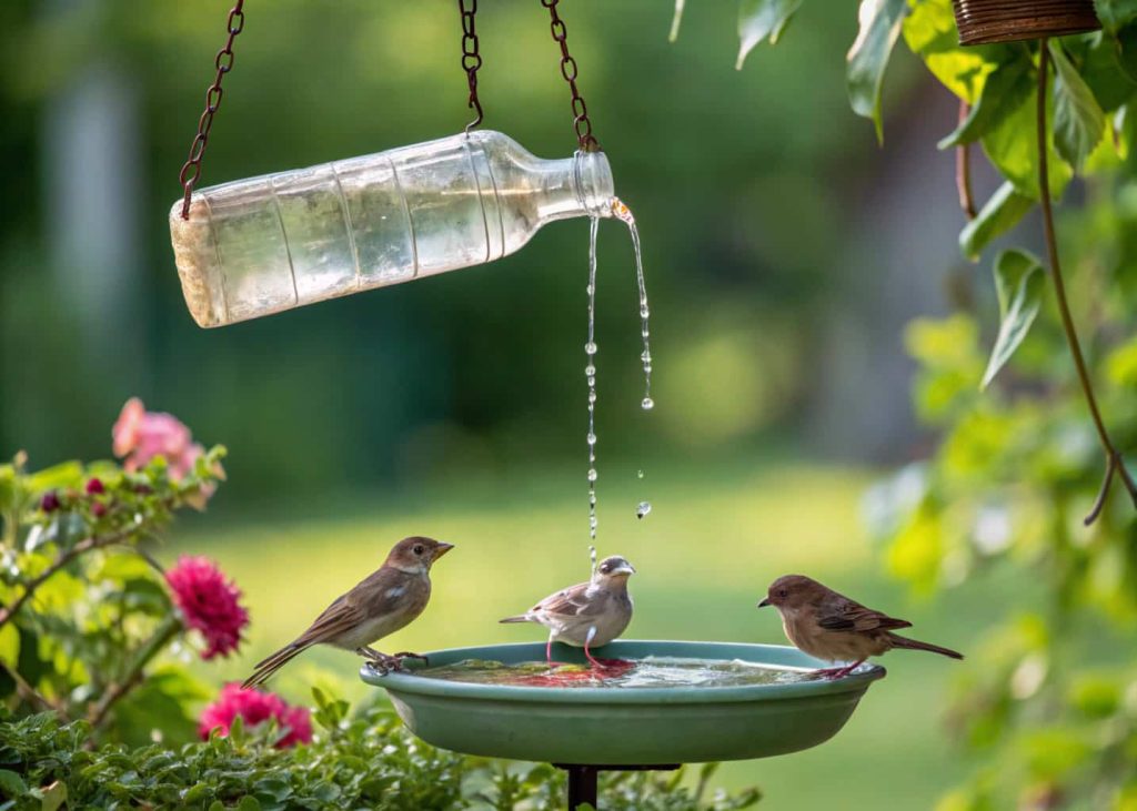 “Hanging bottle bird bath dripping water into dish with small garden birds”