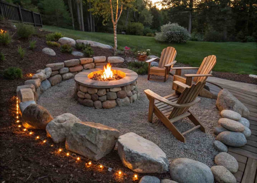 A backyard fire pit surrounded by a circle of large river rocks on a gravel base, wooden chairs around it, evening golden hour light, mulch beds visible in background, cozy outdoor setting photo