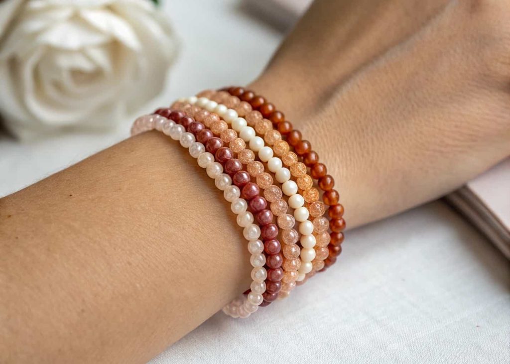 Stacked glass bead bracelets in dusty rose, burnt orange, and cream on a wrist