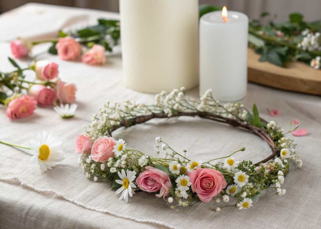 A delicate handmade Easter flower crown made of baby's breath mini daisies and spray roses lying flat on a linen tablecloth surrounding a white pillar candle, soft light, romantic spring aesthetic