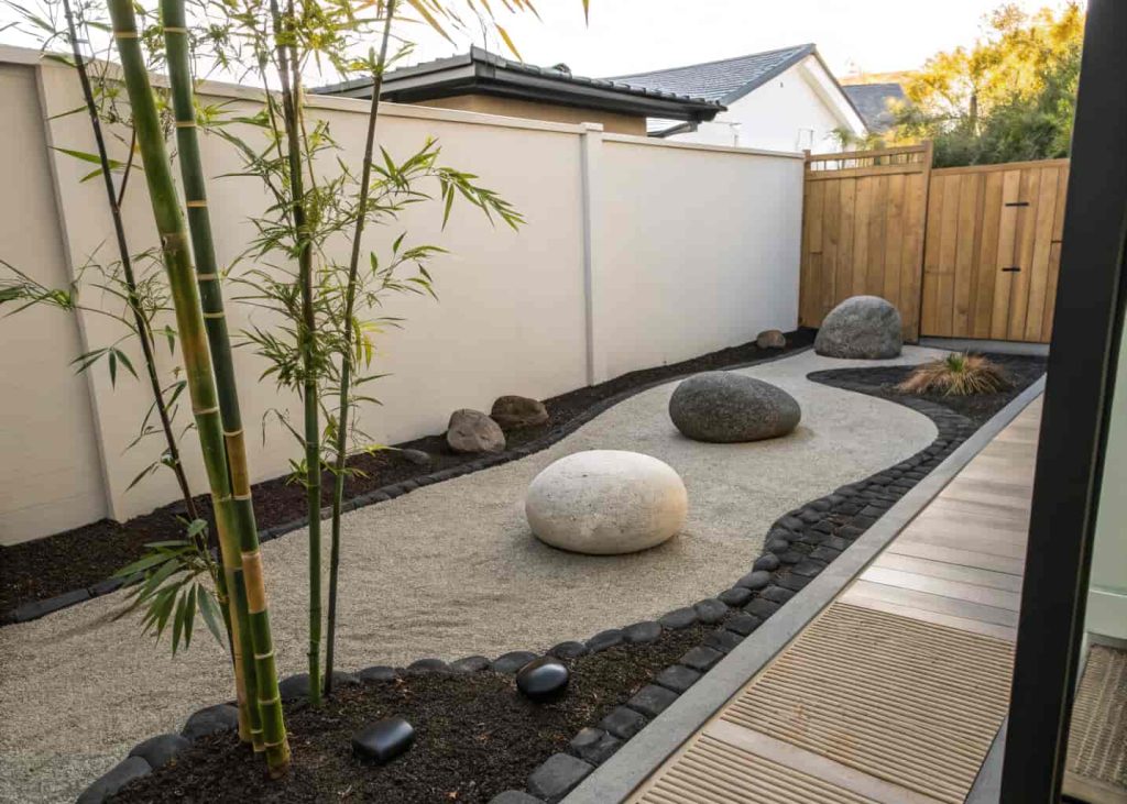 A small backyard zen garden corner with raked fine gravel, three large smooth river rocks placed artistically, bamboo plant at the edge, dark mulch border surrounding it, soft morning light, serene photography