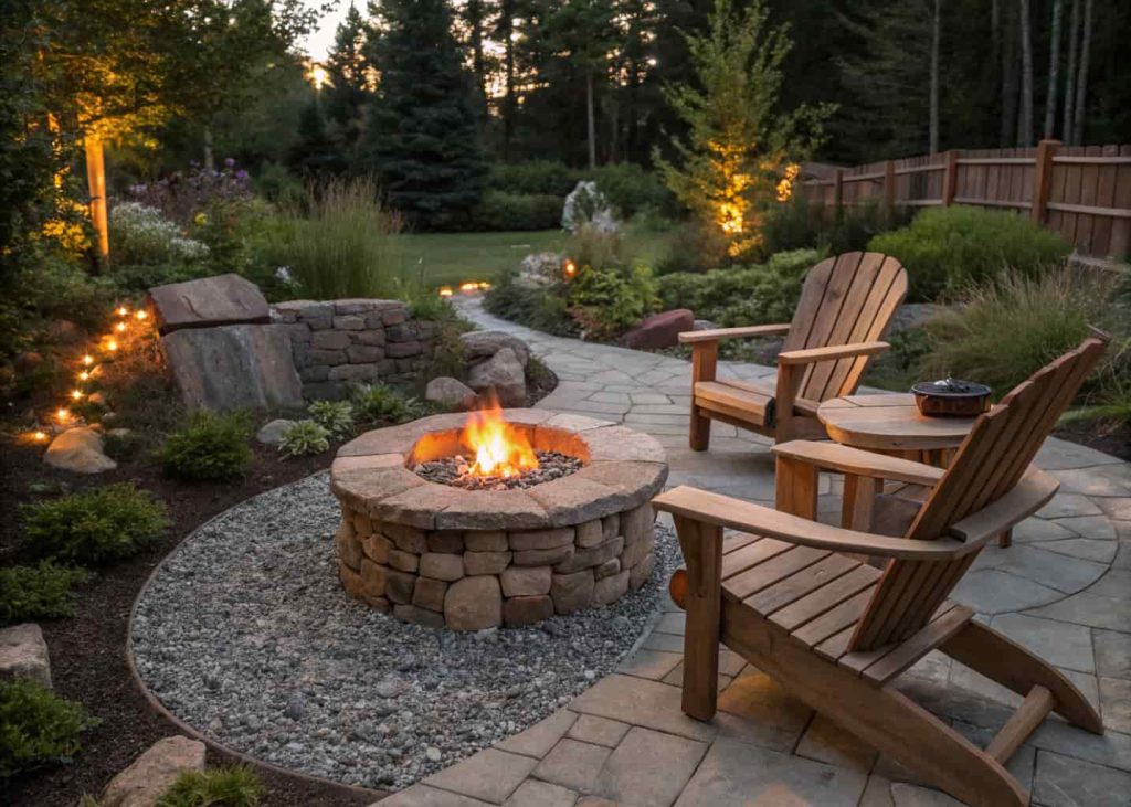 Round stone fire pit with natural fieldstones and orange flames, surrounded by three wooden Adirondack chairs on a gravel patio at dusk.