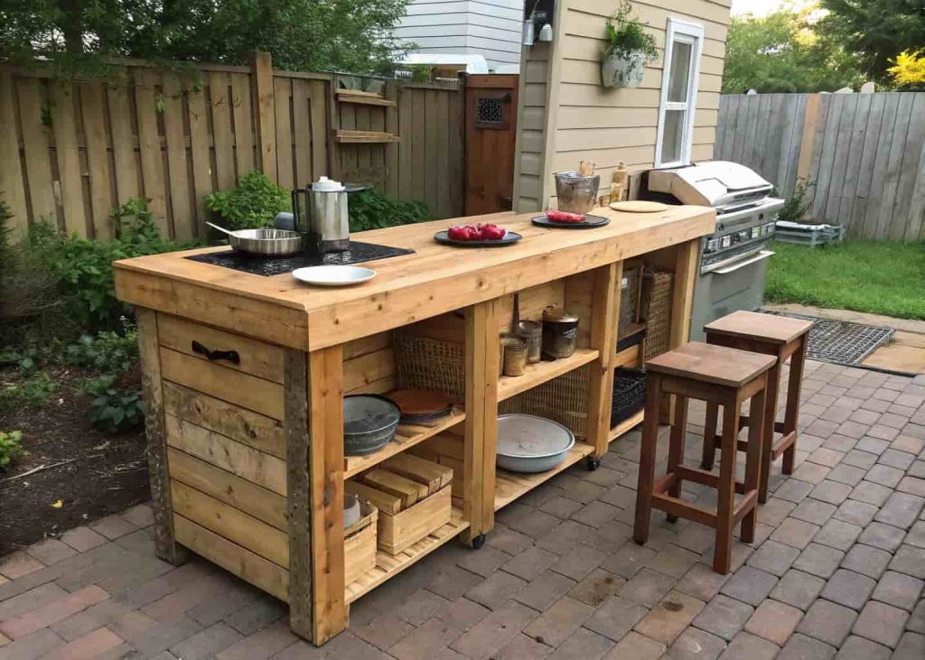 DIY wooden outdoor kitchen counter, rustic style, pallet wood, small backyard setup, warm tones