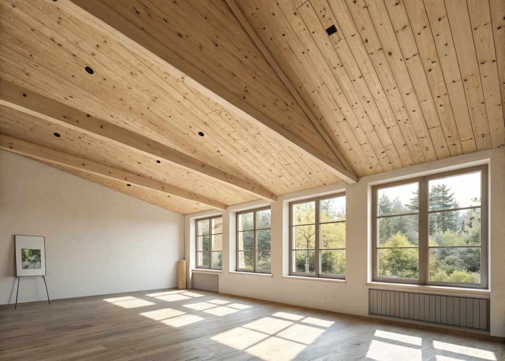 natural wood plywood ceiling with visible grain, soft sunlight, minimalist room