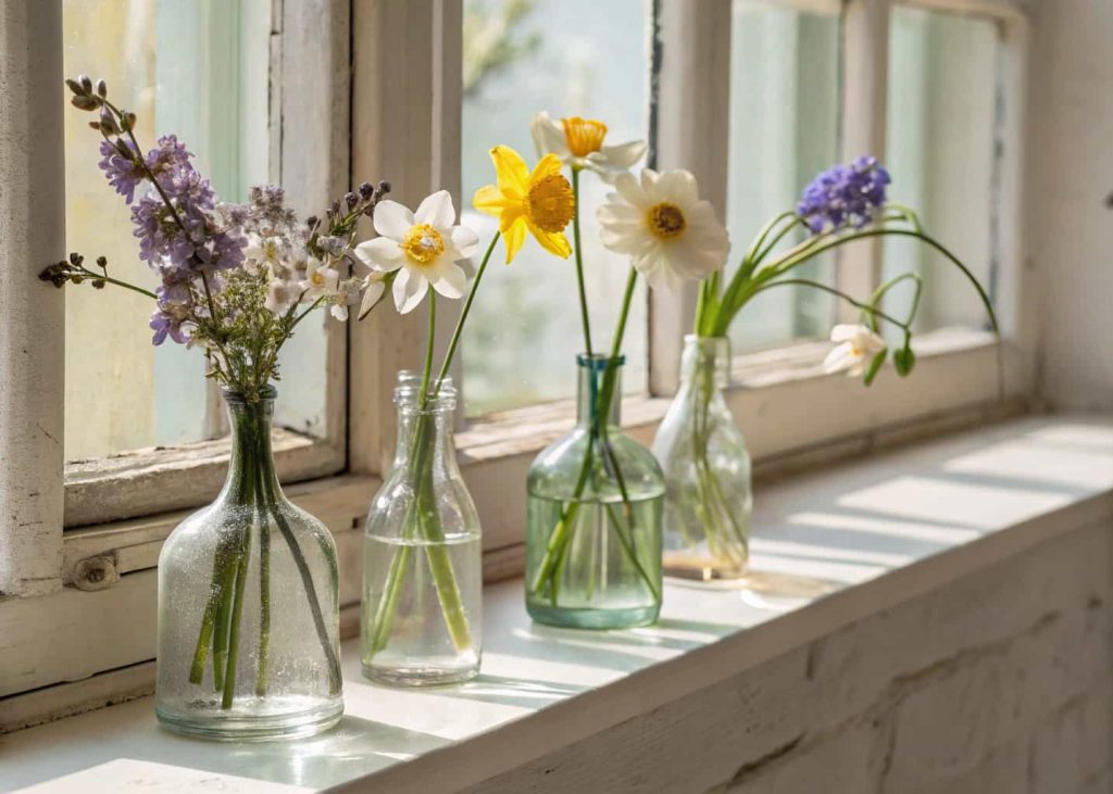 A row of small mismatched glass bud vases each holding single spring flower stems on a sunny white windowsill, anemones daffodils lilac sprigs, natural morning light, Scandinavian minimalist home decor photography