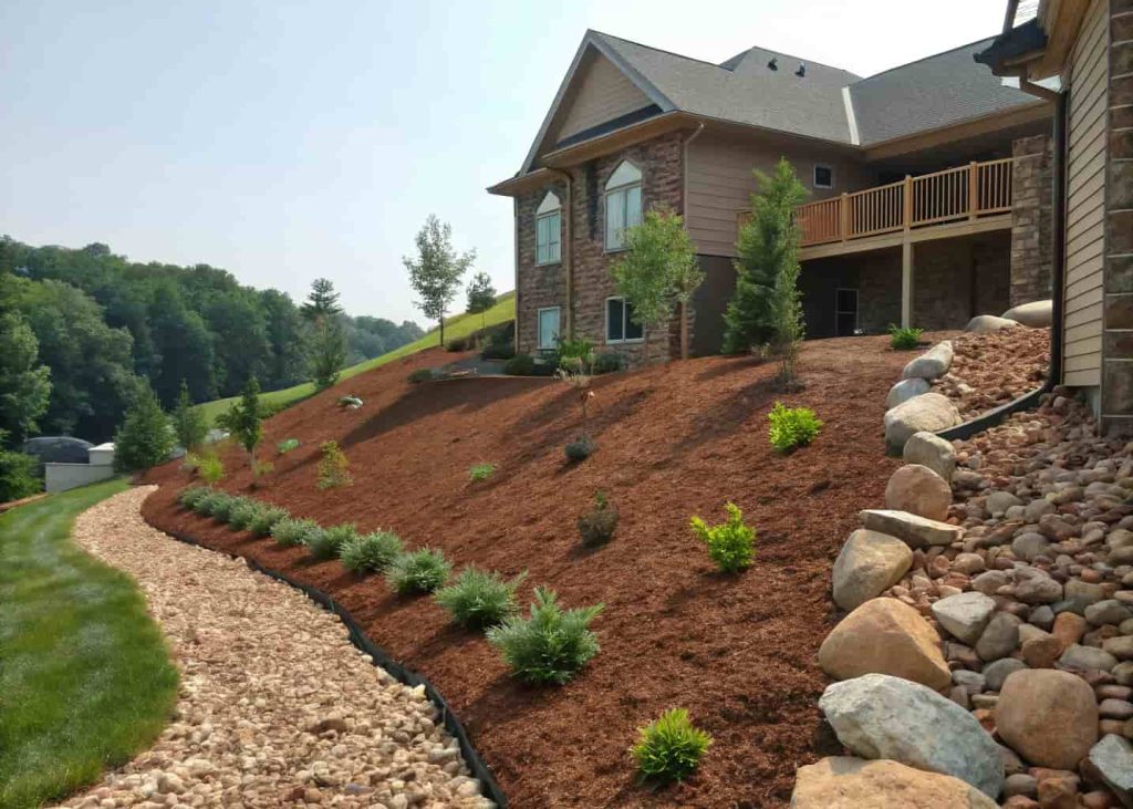 A sloped residential yard covered with brown mulch and river rocks as erosion control, small ornamental plants growing through the mulch, clean sunny day, side-angle landscape photo showing the full slope