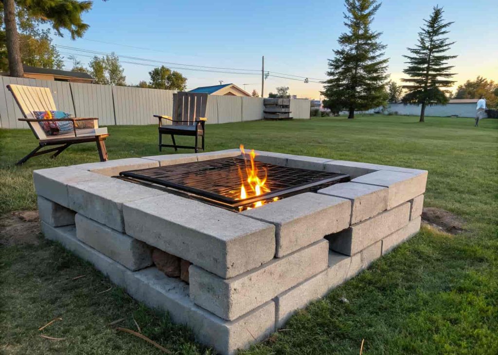 Square DIY concrete block fire pit with a metal grate on top and small fire burning, surrounded by casual outdoor furniture in a backyard.