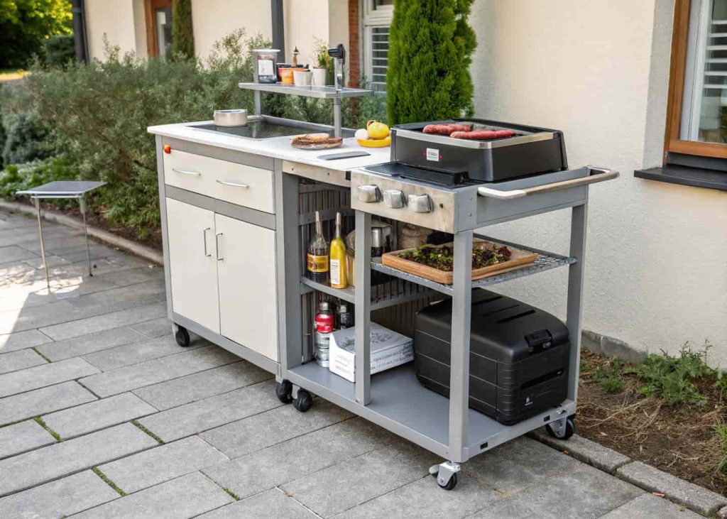 portable outdoor kitchen cart, compact design, wheels, small patio, organized cooking space