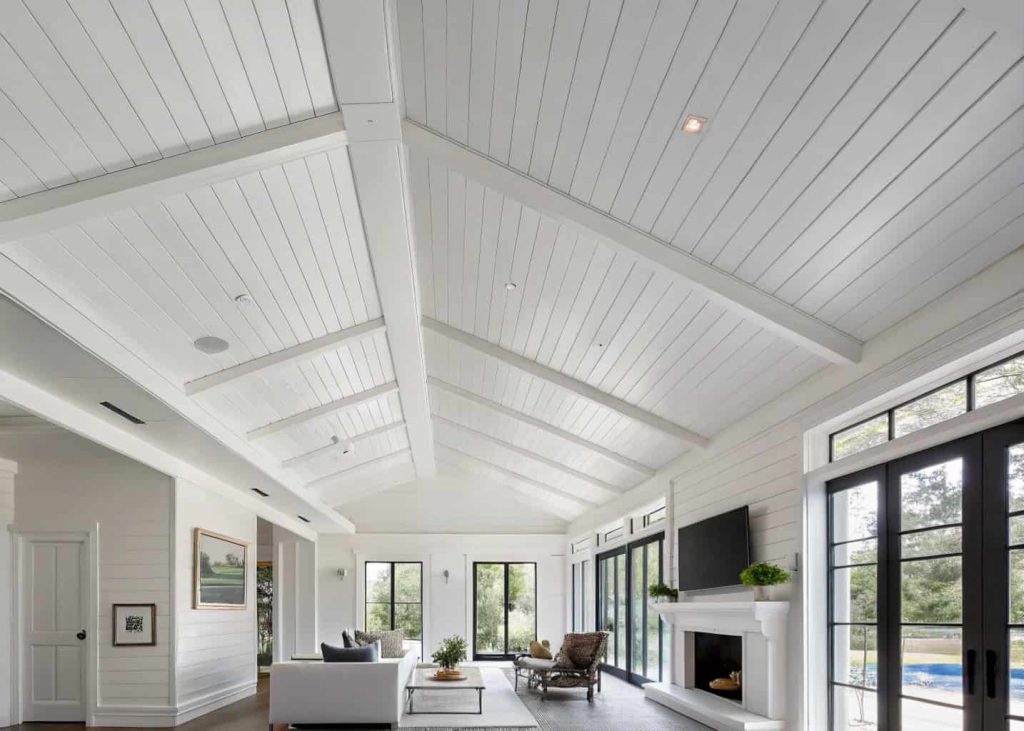 white painted plywood ceiling, modern interior, clean and bright space