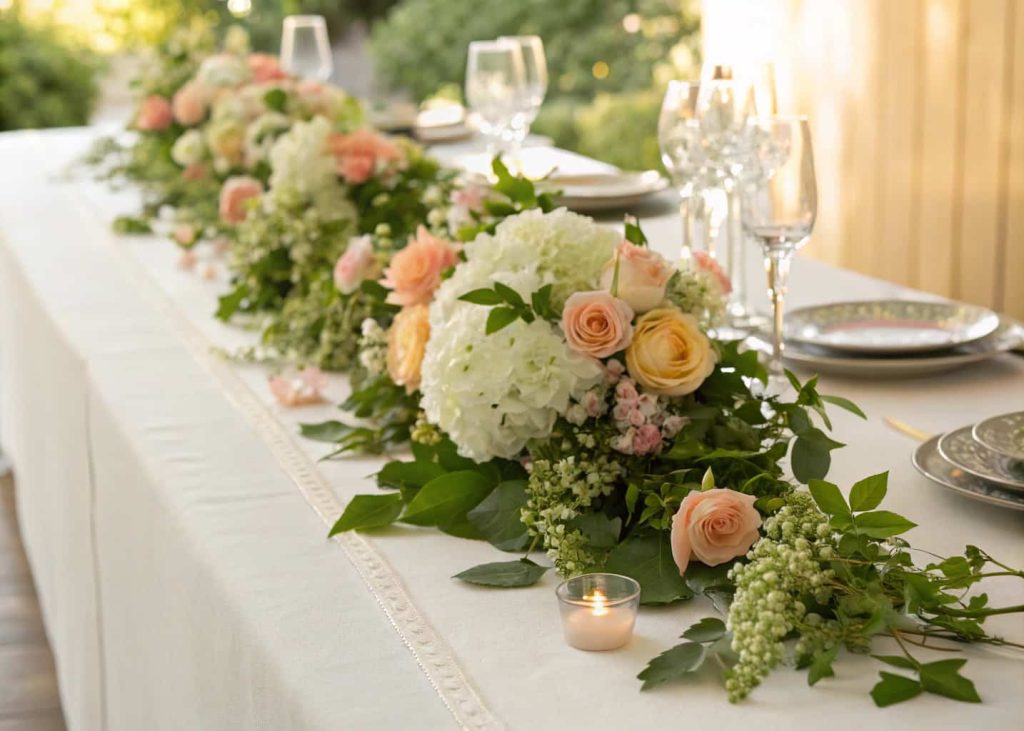 A long lush Easter flower table runner with white hydrangeas peach roses green viburnum and trailing ivy down the center of a white linen table, golden hour light, elegant entertaining photography