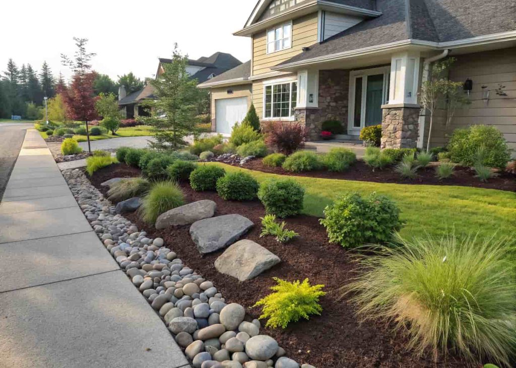 A tidy front yard garden bed with dark brown mulch, green shrubs and ornamental grasses, edged with smooth gray river rocks along the sidewalk, sunny day, straight-on curb appeal photo, suburban home in background