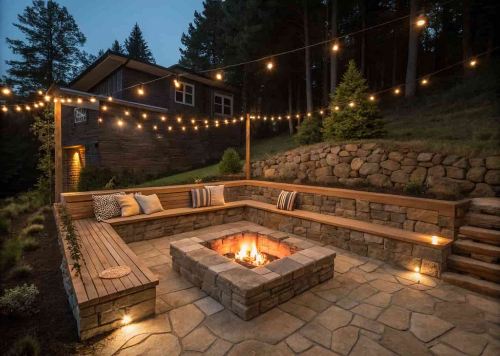 Sunken fire pit lounge with stone walls, built-in wooden benches, a burning fire in the center, and string lights overhead at night.