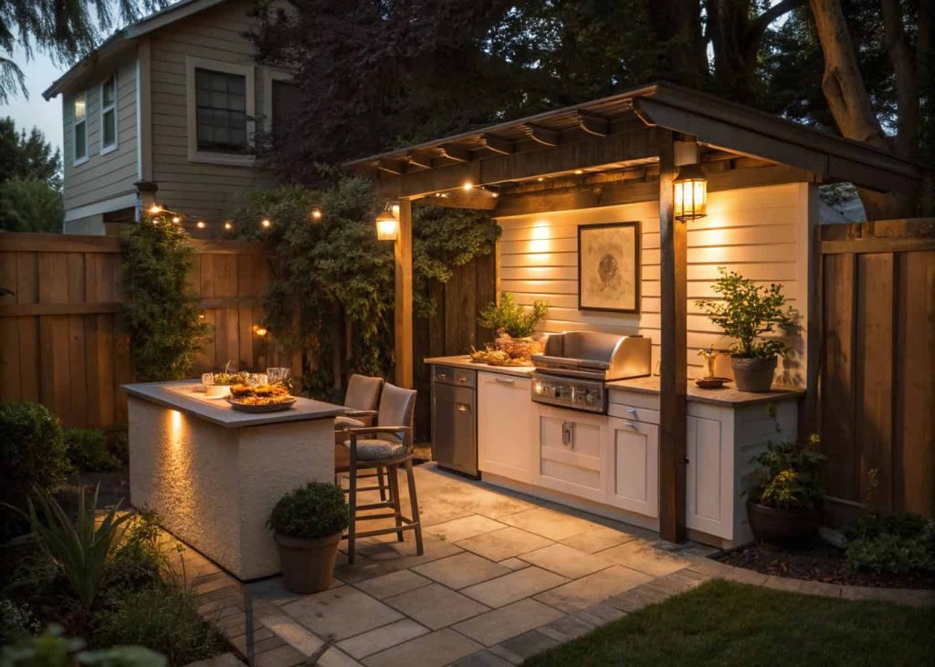 corner outdoor kitchen, small backyard, compact layout, cozy lighting, plants around kitchen