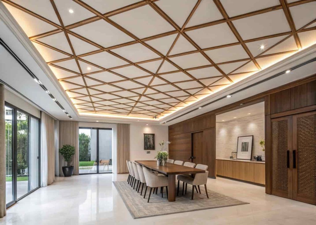 grid pattern plywood ceiling, geometric design, modern dining room