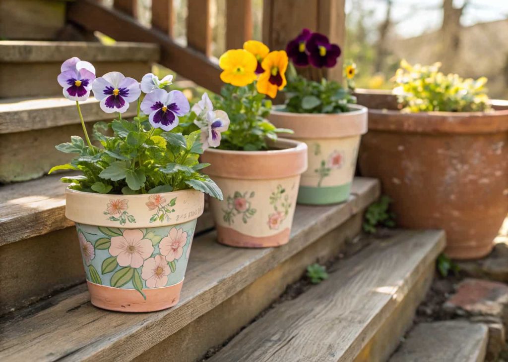 Small terracotta pots painted in soft pastel colors filled with bright spring pansies and violas grouped on wooden porch steps, natural outdoor light, rustic garden aesthetic photography