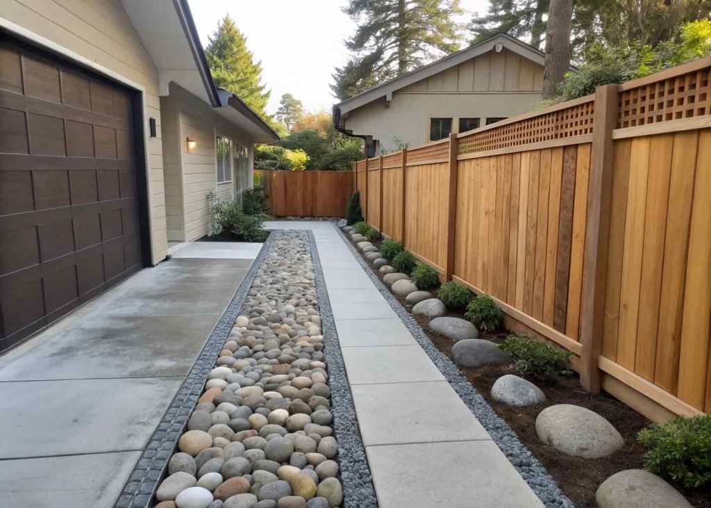 A narrow side yard strip between a concrete driveway and wood fence filled with smooth river rocks over landscape fabric, clean and tidy, bright overhead photo, no weeds, realistic residential landscape