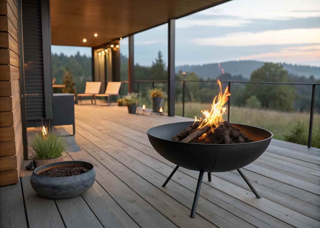  Black steel bowl fire pit on metal legs with flames inside, set on a modern wooden deck with minimalist outdoor furniture.