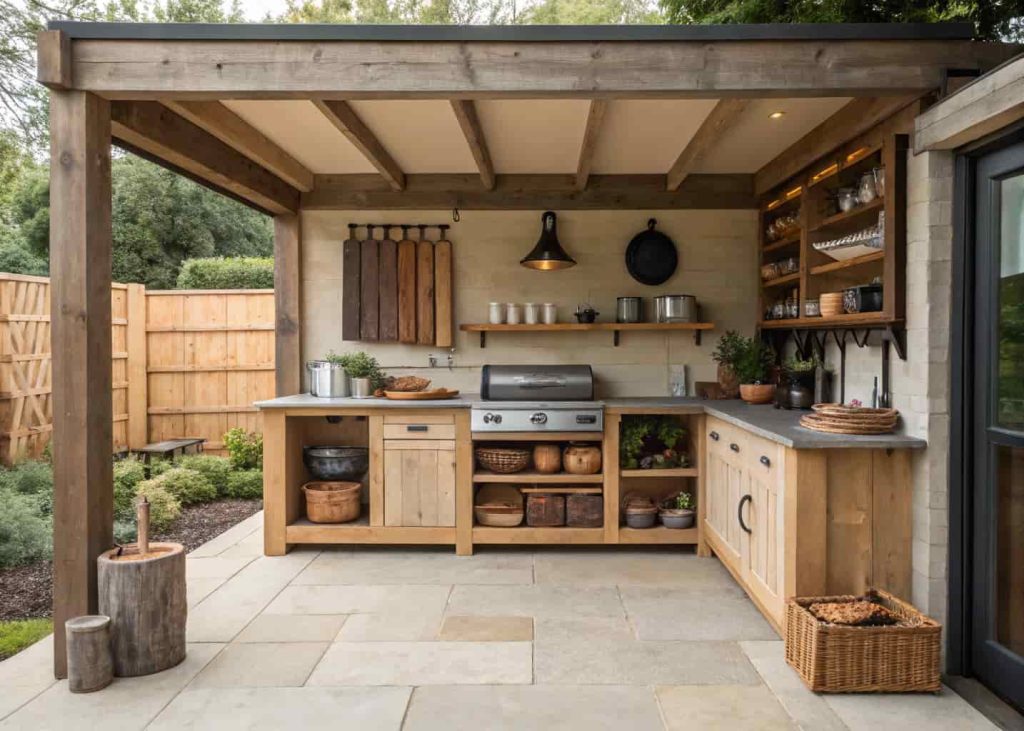 outdoor kitchen open shelves, small space, simple storage, rustic decor, organized utensils