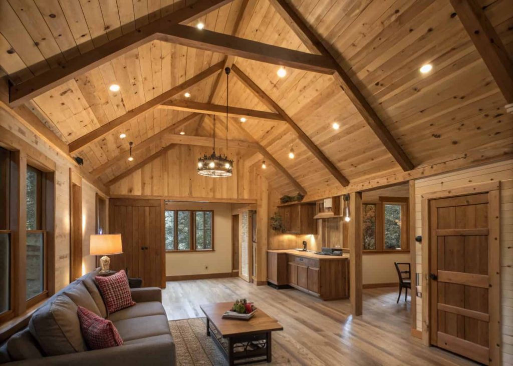 rustic plywood ceiling, wooden beams, warm cozy cabin interior