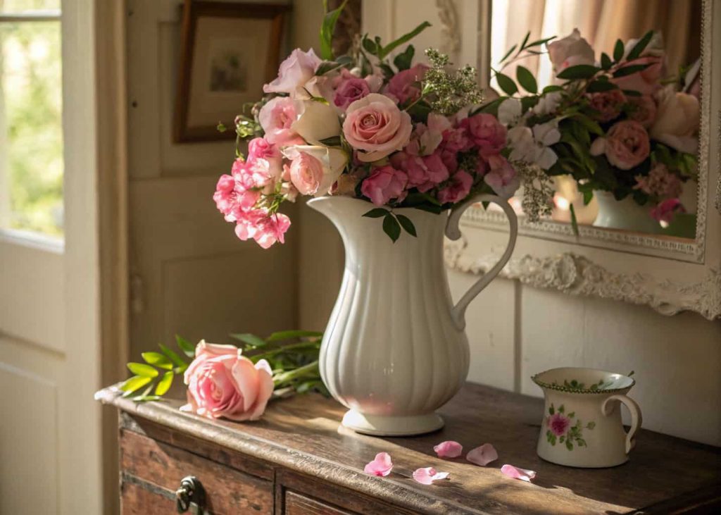 A white vintage ceramic pitcher overflowing with pink sweet peas garden roses and eucalyptus on an antique wooden dresser, warm soft light, romantic cottage core photography style