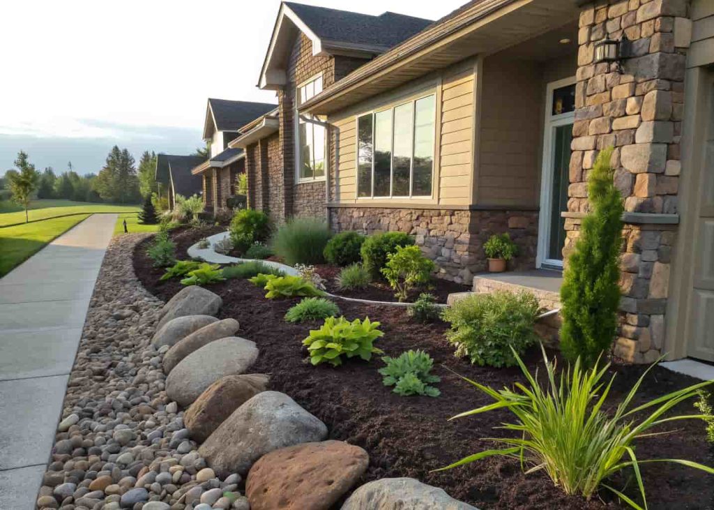 Foundation shrubs along a house wall surrounded by fresh dark brown mulch, edged with smooth river rocks, green healthy plants, bright sunlight, straight residential landscaping photo showing neat curb appeal