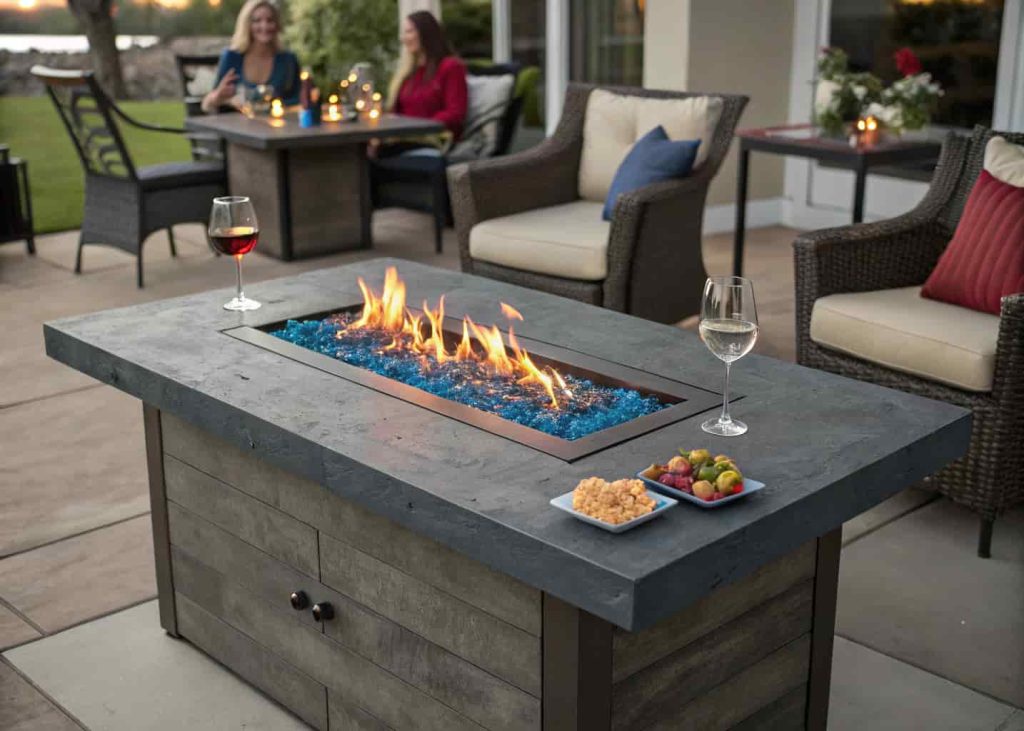 Propane gas fire pit table with flames in the center, wine glasses on the edges, and people seated around it on a patio in the evening.