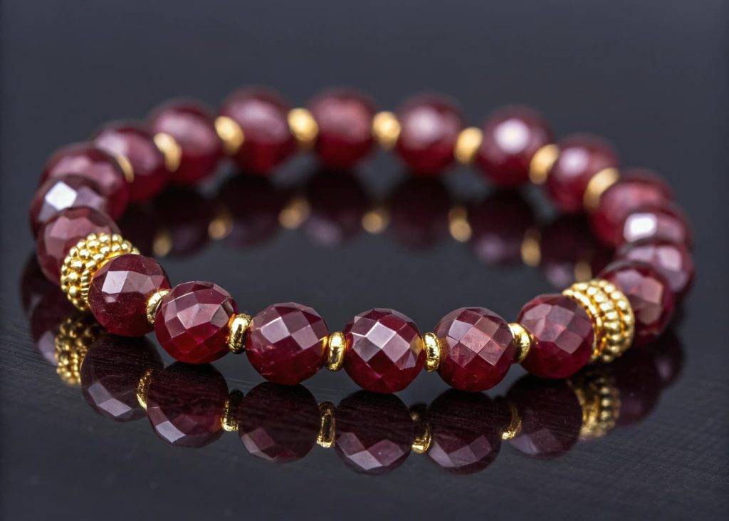 Deep burgundy faceted bead bracelet with gold spacers sparkling under studio light