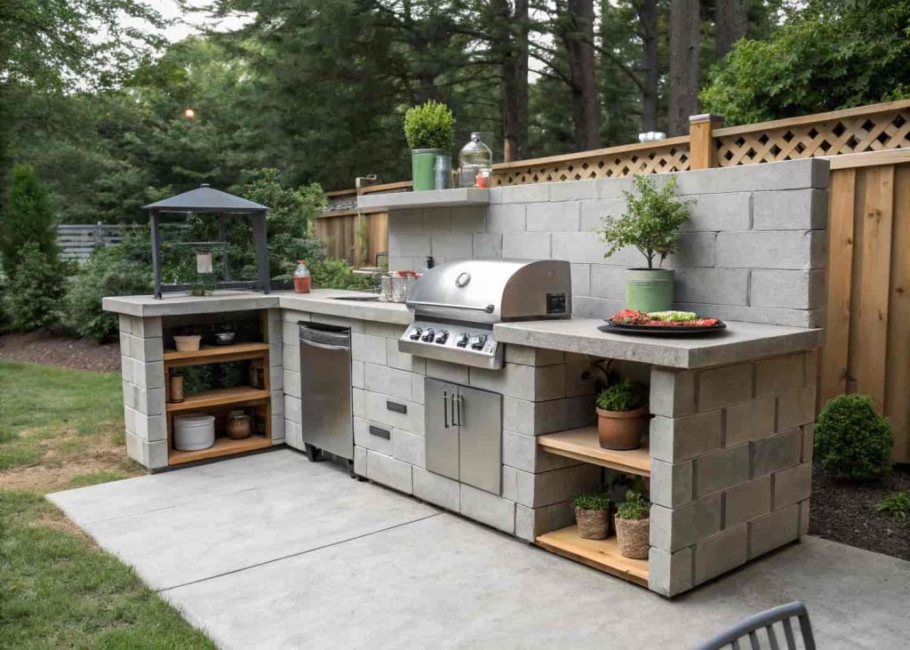 concrete block outdoor kitchen, DIY setup, modern rustic look, small backyard, grill station