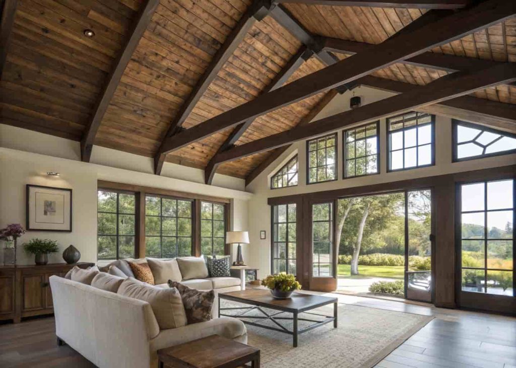 plywood ceiling with dark wooden beams, spacious living room