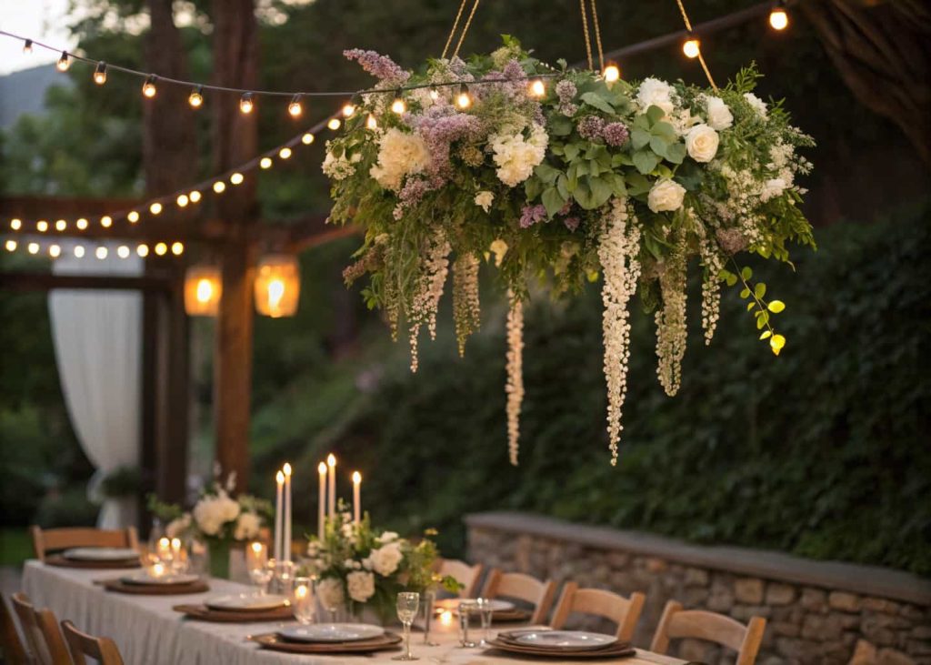 A stunning hanging floral chandelier made from a wooden hoop with wisteria hanging amaranthus eucalyptus and white flowers above an Easter dining table, warm string lights, dreamy romantic atmosphere photography