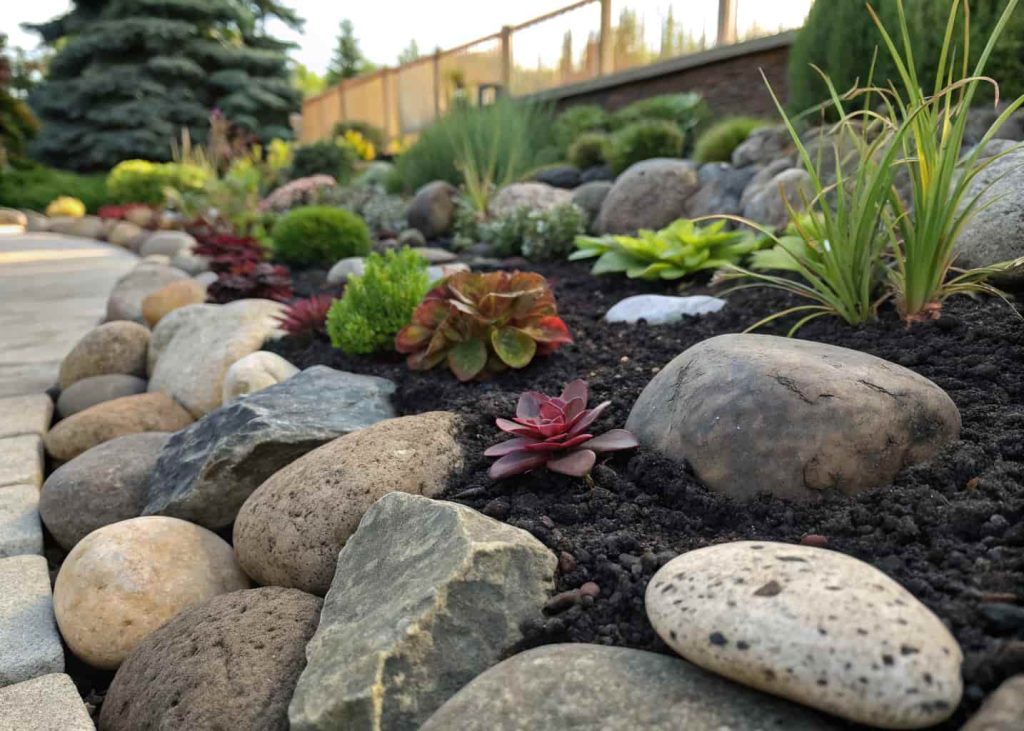 A garden bed using a mix of large, medium, and small river rocks with dark mulch filling the spaces between them, ornamental plants growing through, natural daylight, detailed close-up landscape photo showing texture variety
